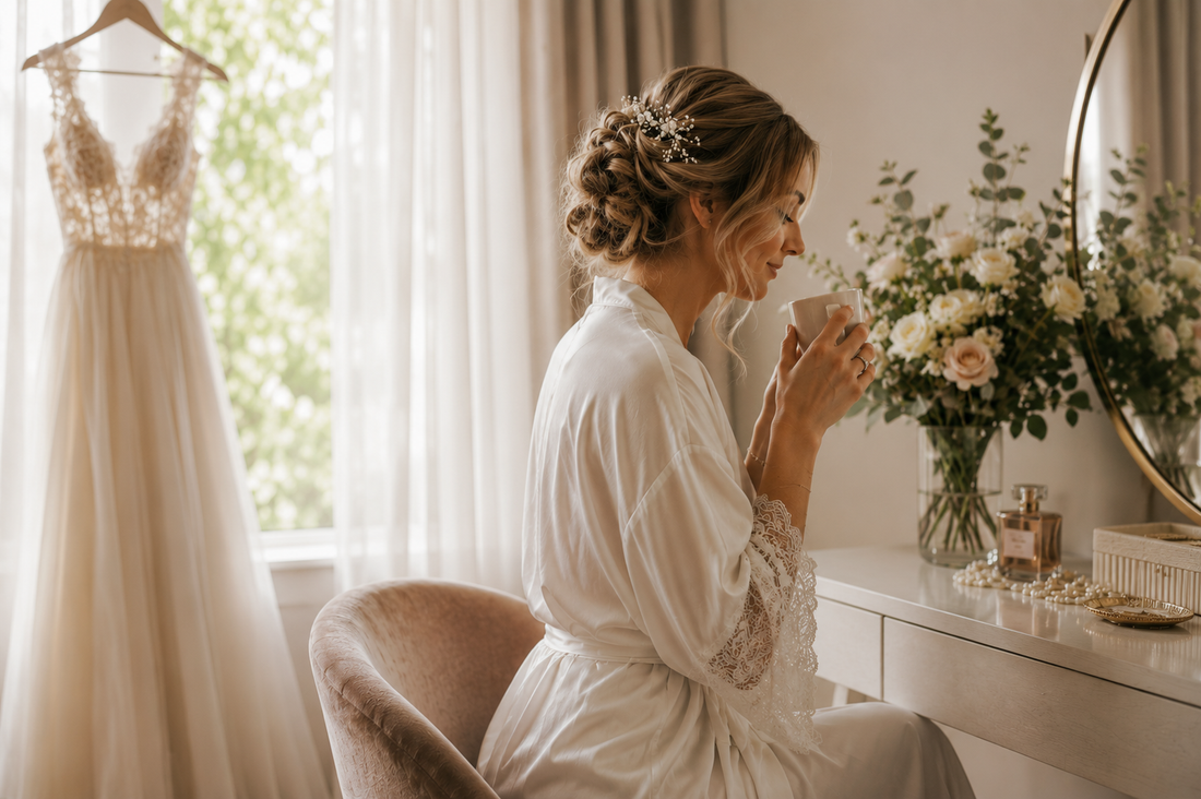 Perfectly prepared Bride in white lace robe sitting at a dressing table, sipping tea and smiling, with her wedding dress hanging in the background and a bouquet of white roses beside a mirror