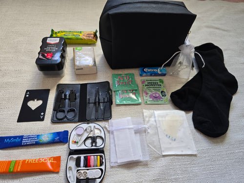 Black Groom Emergency Kit with premium wedding day essentials including sewing kit, shoe sponge, socks, stain remover, lint roller and grooming accessories.